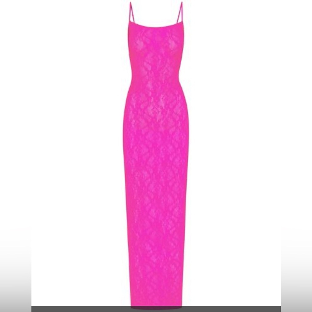 Skims neon pink stretch lace maxi dress